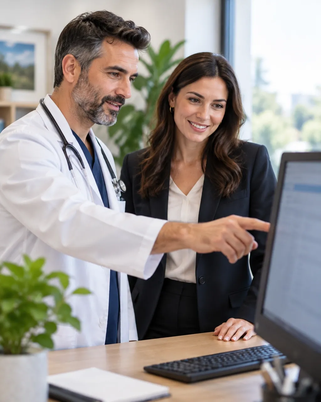 A clinician and colleague reviewing information on a monitor.