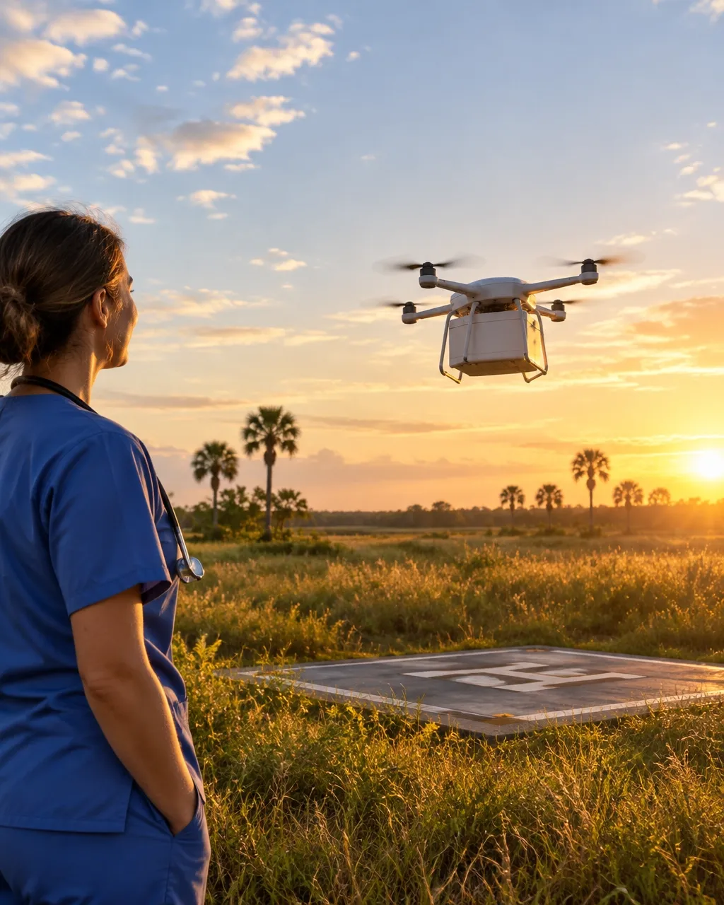 A clinician watching a delivery drone over a field at sunset.