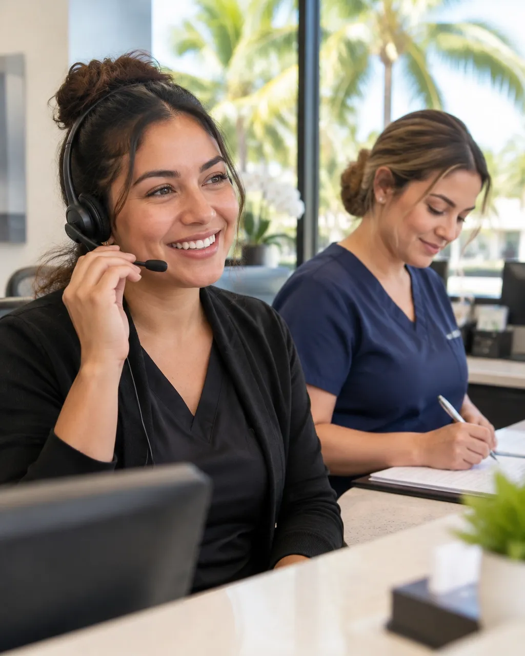 Two healthcare staff members working together at a front desk.