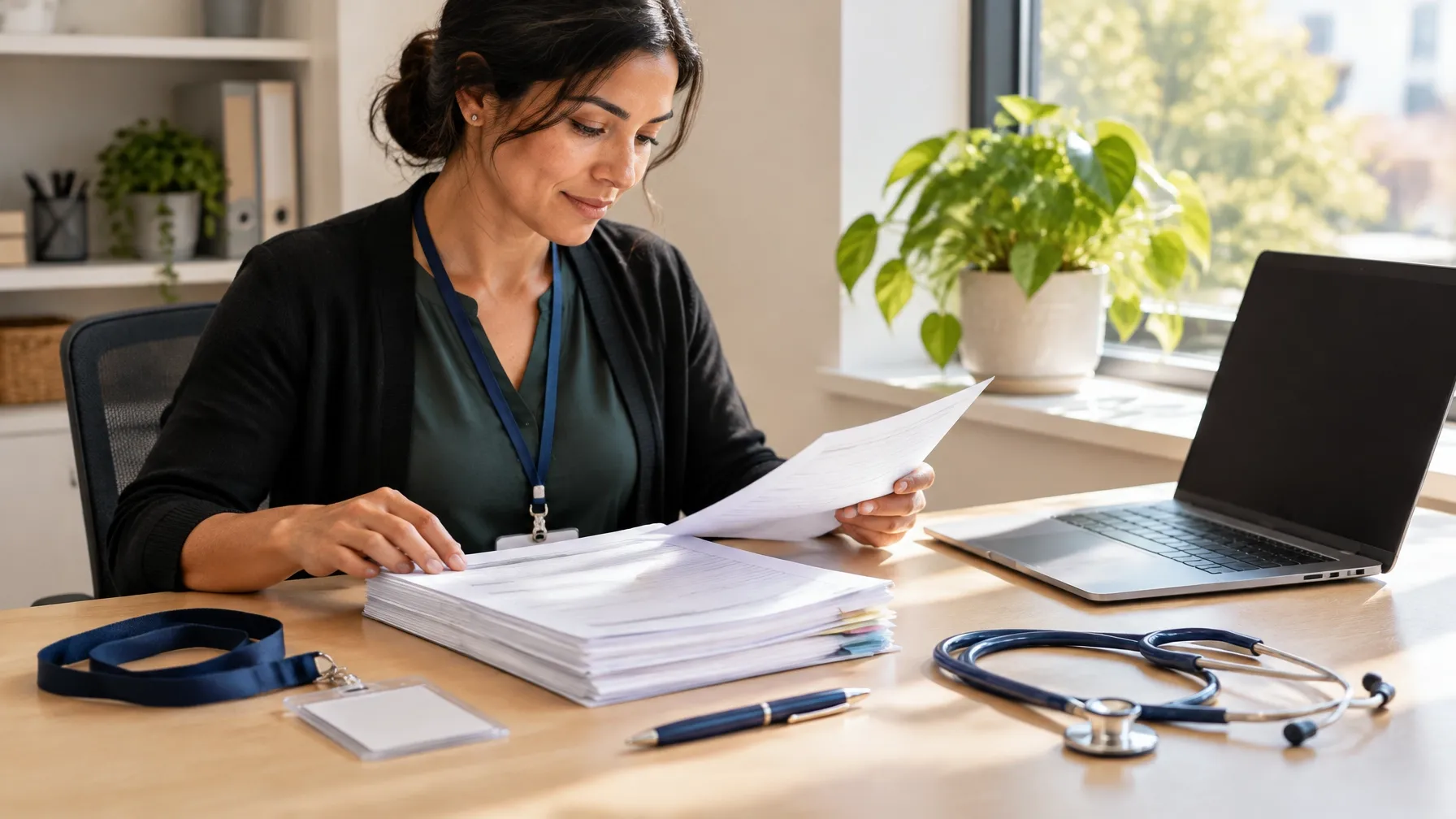 A credentialing coordinator assembling a provider enrollment packet with forms, a badge and a stethoscope.